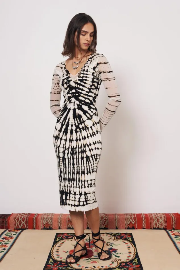 Raquel Allegra Dresses Women Mesh Black And Dirty White Long Sleeve Poppy Midi Dress