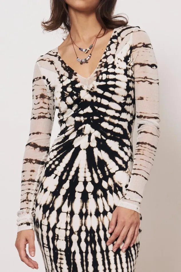 Raquel Allegra Dresses Women Mesh Black And Dirty White Long Sleeve Poppy Midi Dress