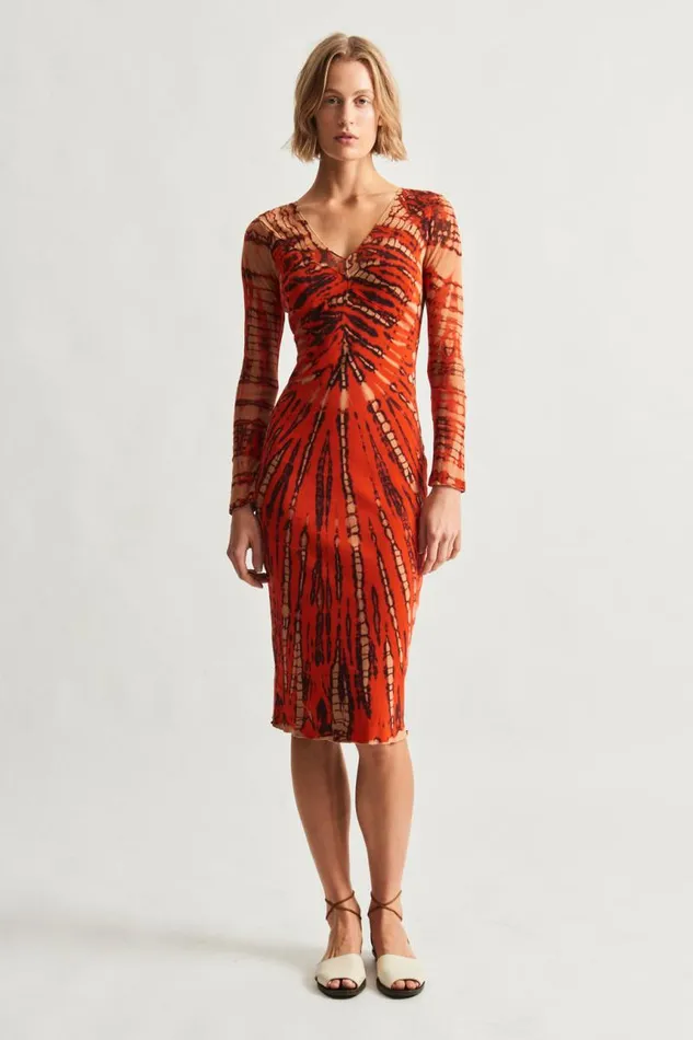 Raquel Allegra Dresses Women Mesh Tomato And Navy Long Sleeve Poppy Midi Dress Raquel Allegra Dresses Women Mesh Tomato And Navy Long Sleeve Poppy Midi Dress