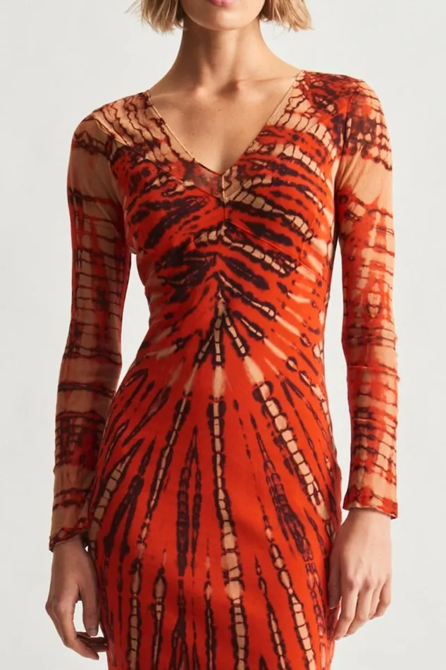 Raquel Allegra Dresses Women Mesh Tomato And Navy Long Sleeve Poppy Midi Dress