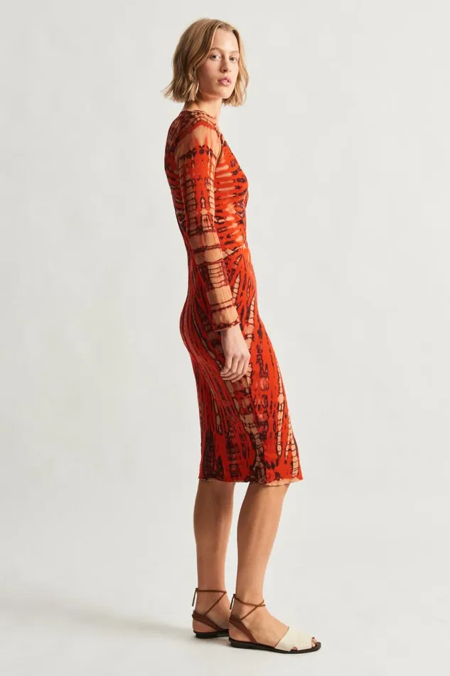 Raquel Allegra Dresses Women Mesh Tomato And Navy Long Sleeve Poppy Midi Dress