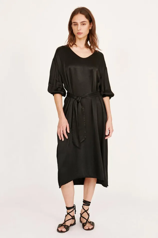 Raquel Allegra Dresses Women Pebble Satin Black Ventura Dress