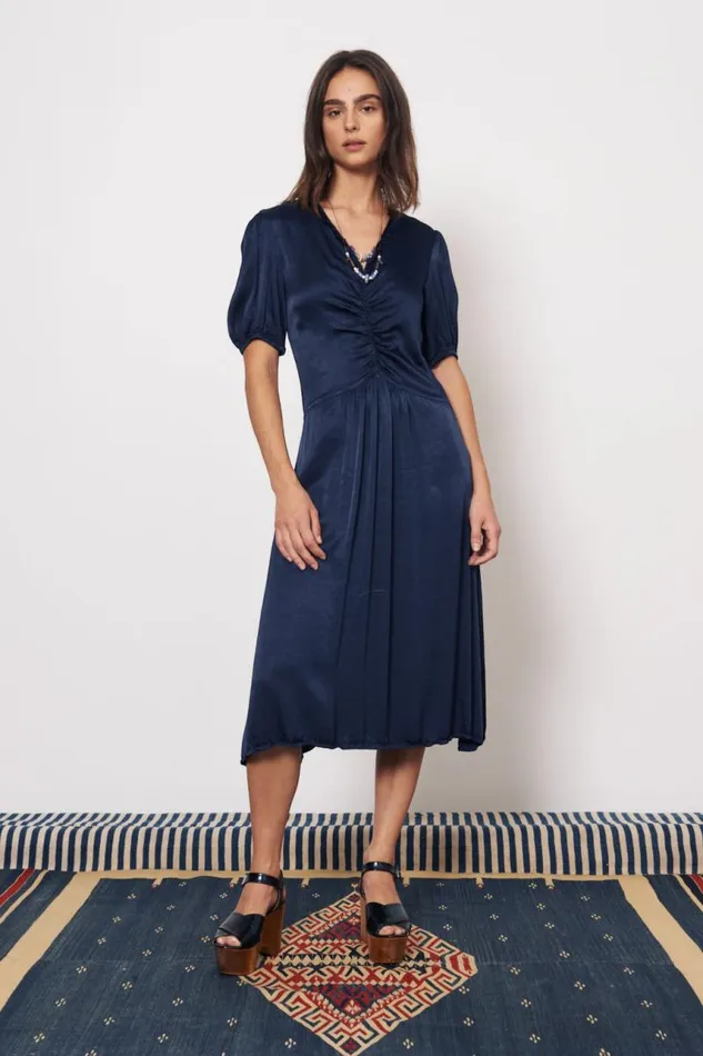 Raquel Allegra Dresses Women Pebble Satin Midnight Lagos Midi Dress