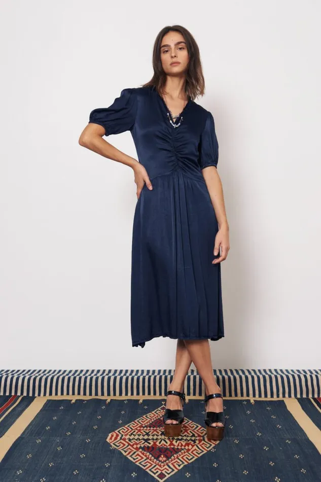 Raquel Allegra Dresses Women Pebble Satin Midnight Lagos Midi Dress