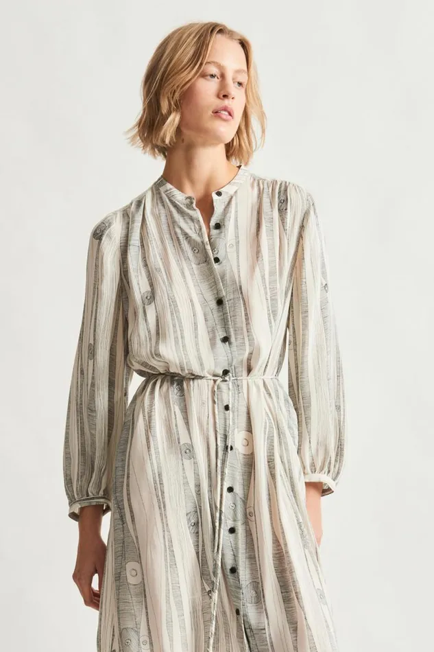 Raquel Allegra Dresses Women Silk Dirty White Black Print Vanessa Dress
