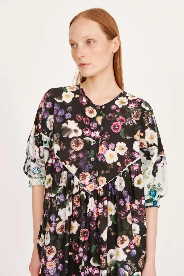Raquel Allegra Dresses Women Silk Voile Black Floral PCH Dress
