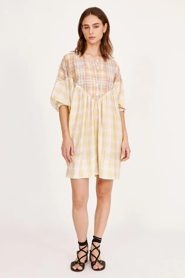Raquel Allegra Dresses Women Silk Voile Sun Plaid PCH Dress