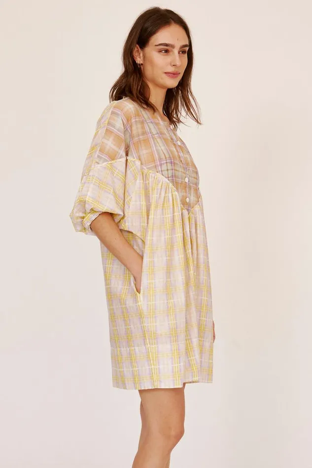 Raquel Allegra Dresses Women Silk Voile Sun Plaid PCH Dress