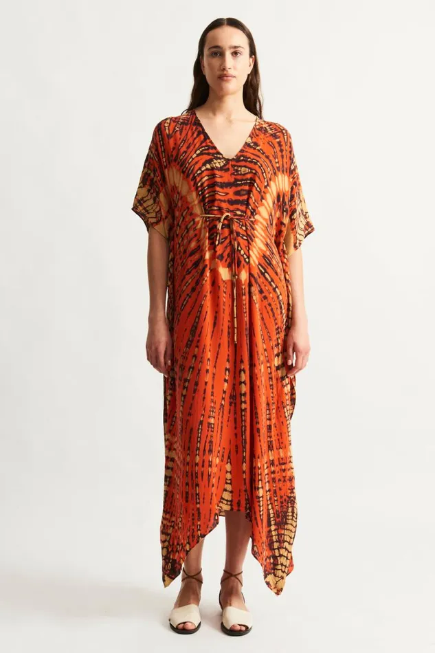 Raquel Allegra Dresses Women Tomato And Navy Kigali Silk Caftan