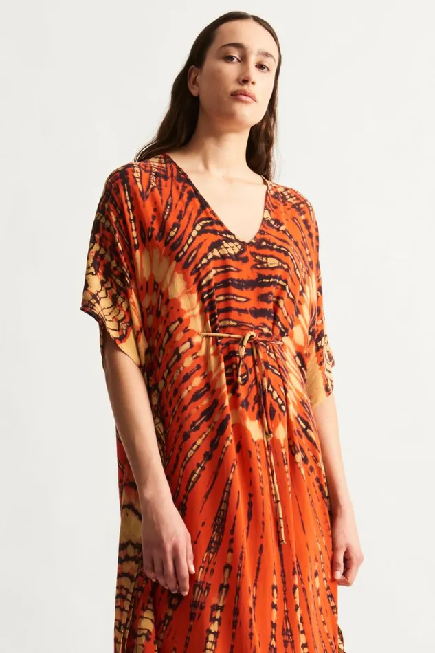 Raquel Allegra Dresses Women Tomato And Navy Kigali Silk Caftan