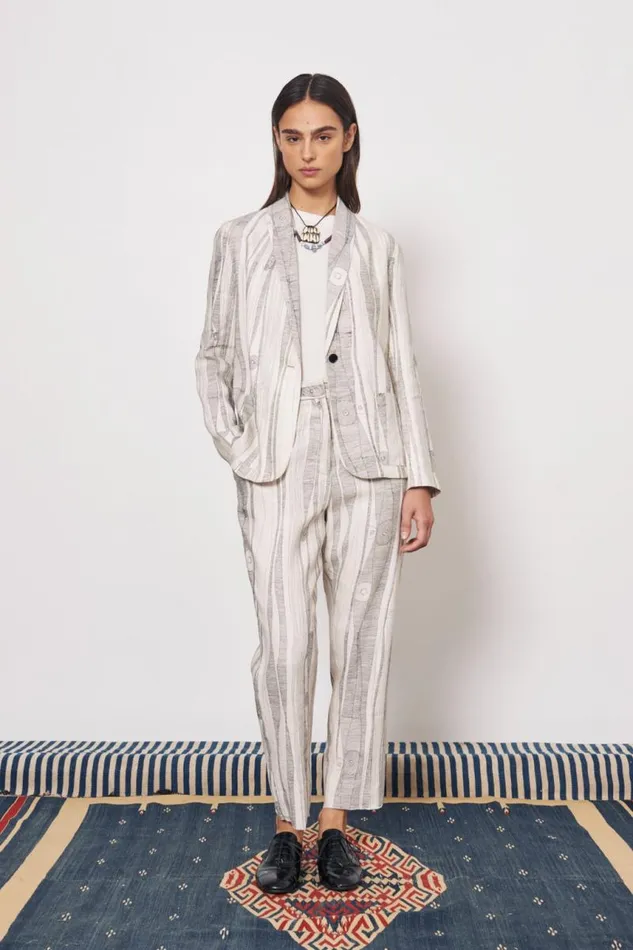 Raquel Allegra Jackets Women Silk Linen Dirty White Black Print Jai Jacket