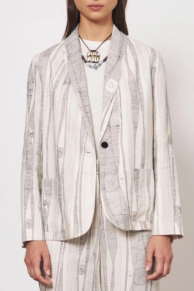 Raquel Allegra Jackets Women Silk Linen Dirty White Black Print Jai Jacket