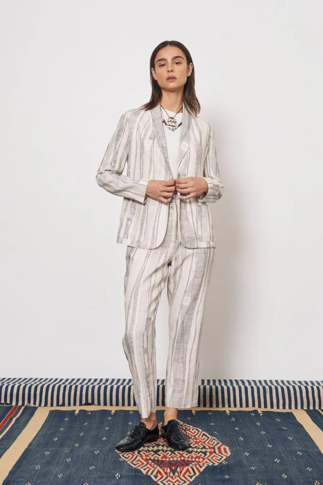 Raquel Allegra Jackets Women Silk Linen Dirty White Black Print Jai Jacket