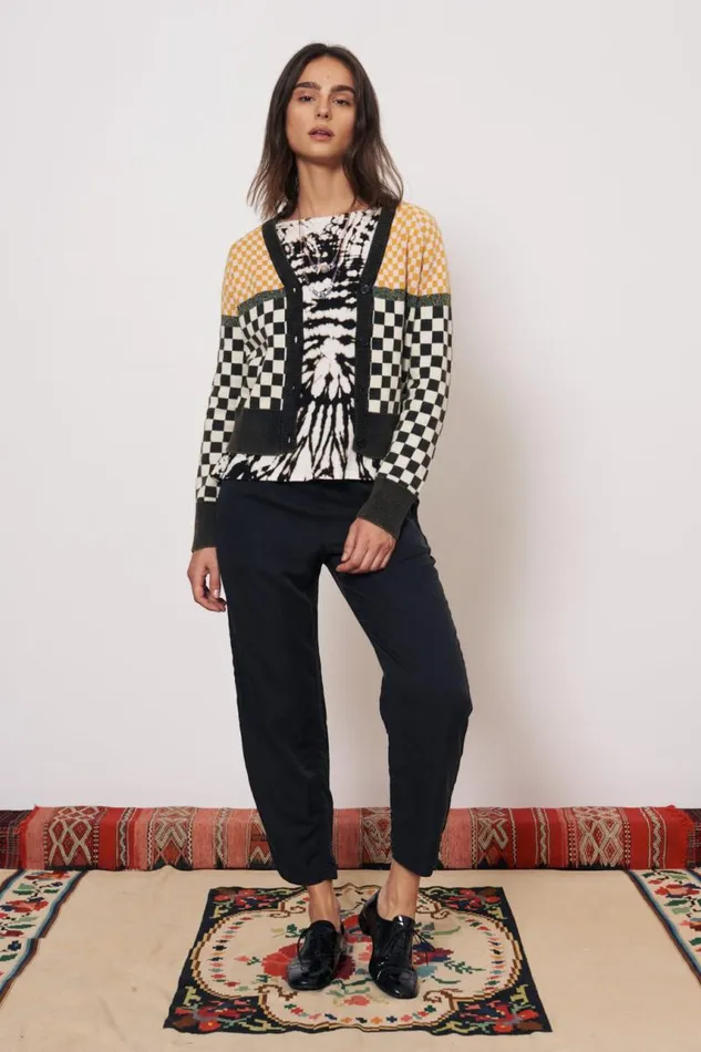 Raquel Allegra Sweaters and Knits Women Check Black Chalk Mawali Cardigan