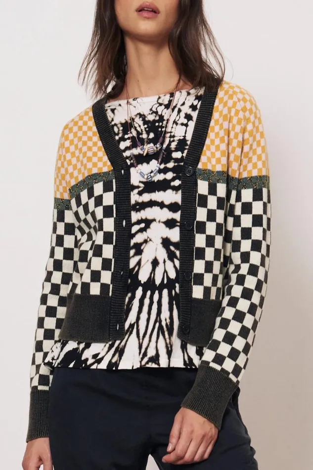Raquel Allegra Sweaters and Knits Women Check Black Chalk Mawali Cardigan