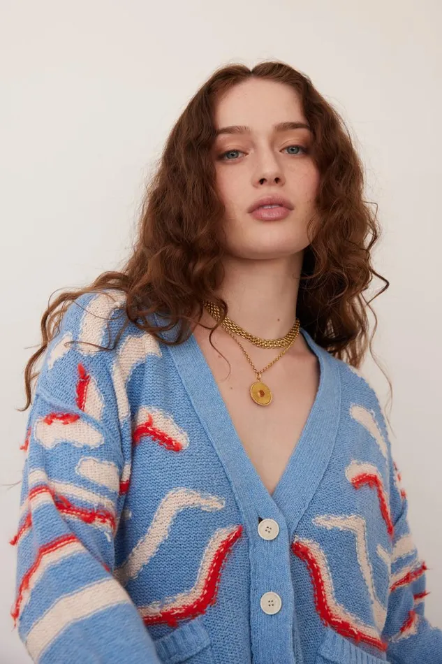 Raquel Allegra Sweaters and Knits Women Light Denim And Chalk Accra Cardigan
