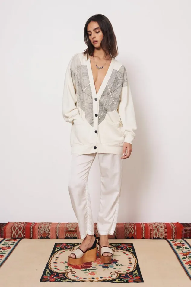 Raquel Allegra Sweaters and Knits Women Vintage Fleece Dirty White Jackie Cardigan