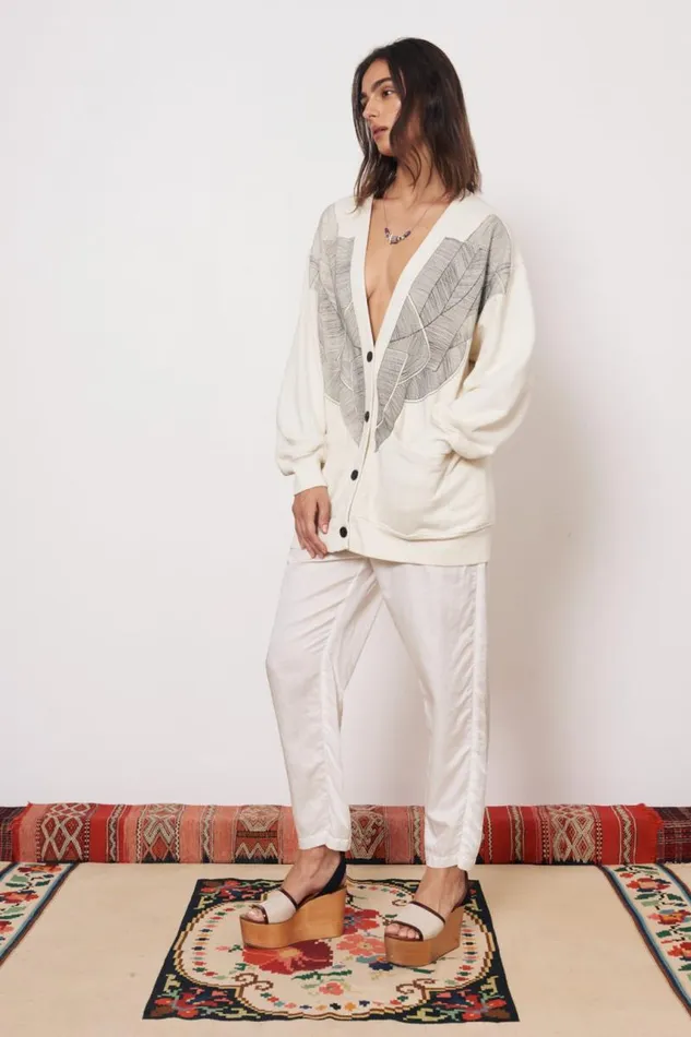 Raquel Allegra Sweaters and Knits Women Vintage Fleece Dirty White Jackie Cardigan