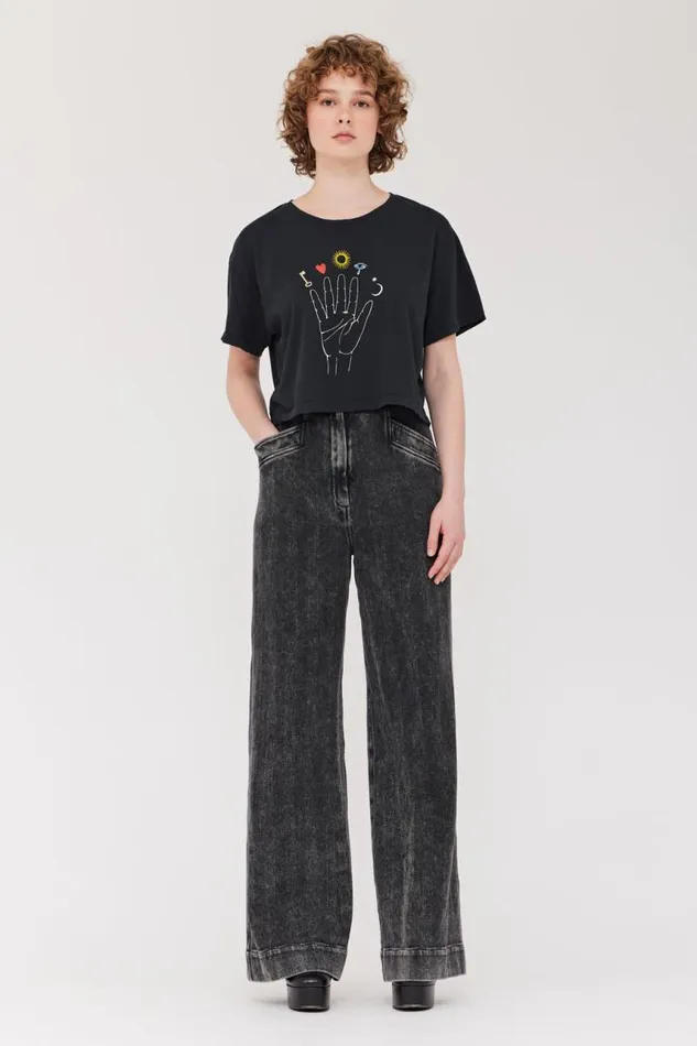 Raquel Allegra Tops Women Black Cosmic Hand Claudia Top