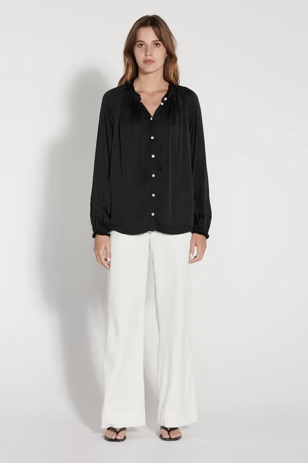 Raquel Allegra Tops Women Black Victorian Ruffle Blouse