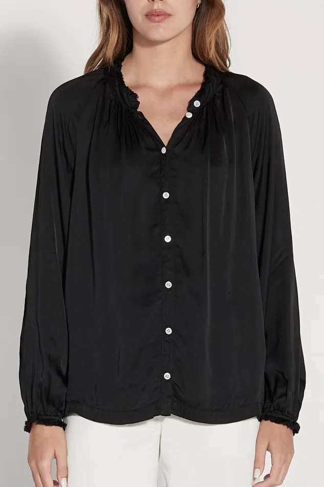 Raquel Allegra Tops Women Black Victorian Ruffle Blouse