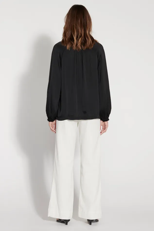 Raquel Allegra Tops Women Black Victorian Ruffle Blouse