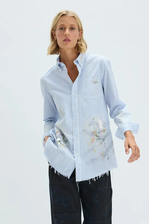 Raquel Allegra Tops Women Blue Stripe Painter Shirt