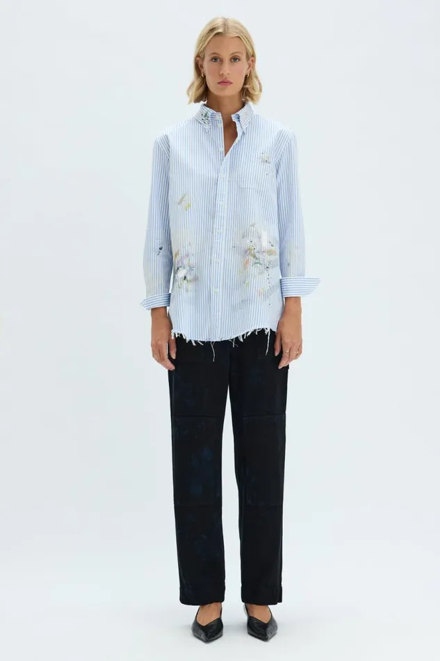 Raquel Allegra Tops Women Blue Stripe Painter Shirt