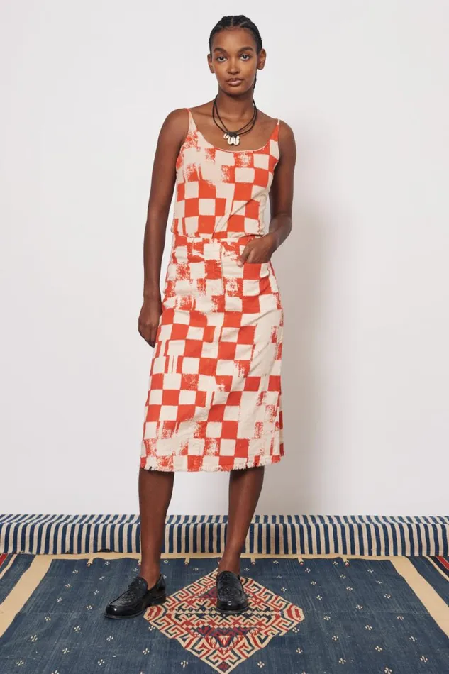 Raquel Allegra Tops Women Check Camel And Tomato Dakar Tank Top