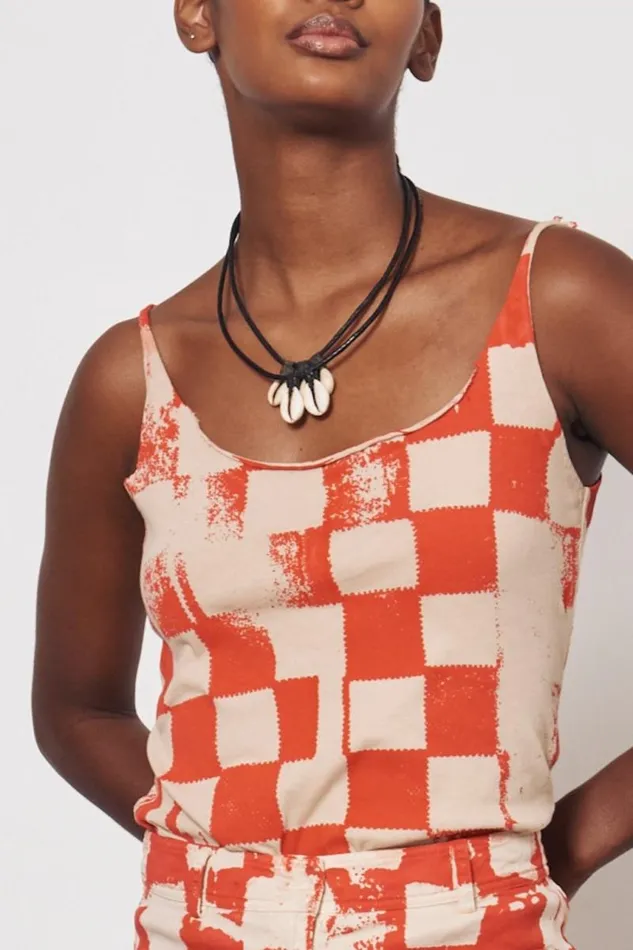 Raquel Allegra Tops Women Check Camel And Tomato Dakar Tank Top