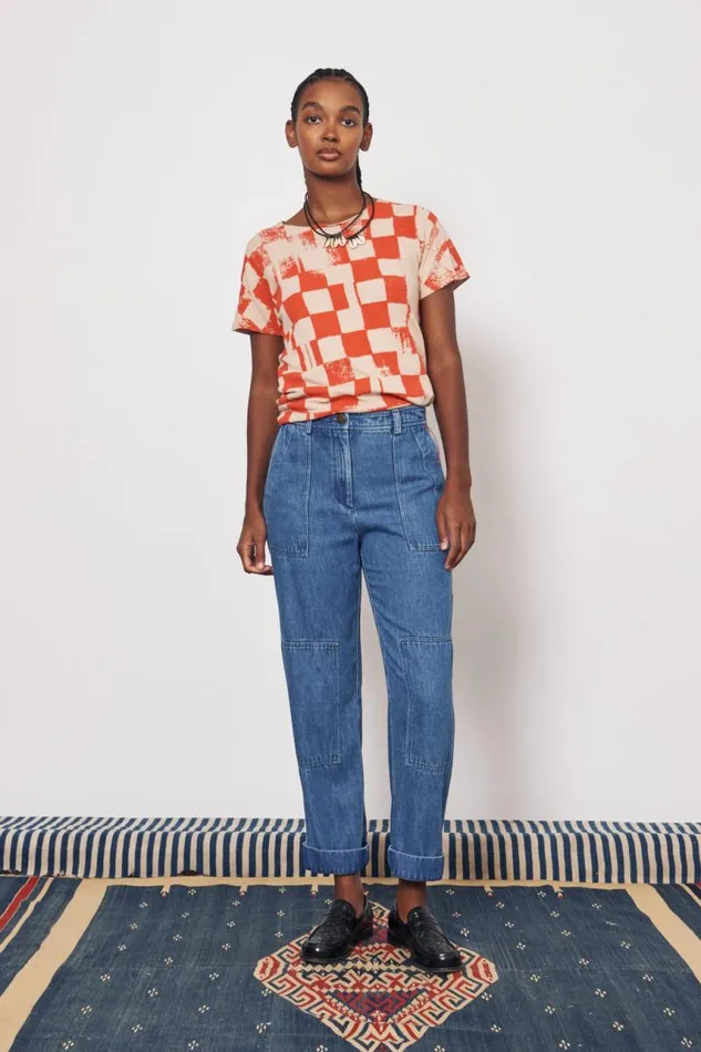Raquel Allegra Tops Women Check Camel And Tomato Kibo Tee
