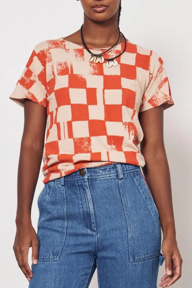 Raquel Allegra Tops Women Check Camel And Tomato Kibo Tee