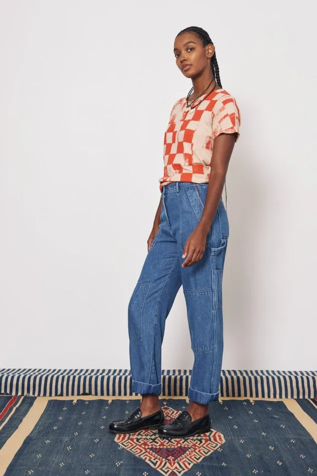 Raquel Allegra Tops Women Check Camel And Tomato Kibo Tee