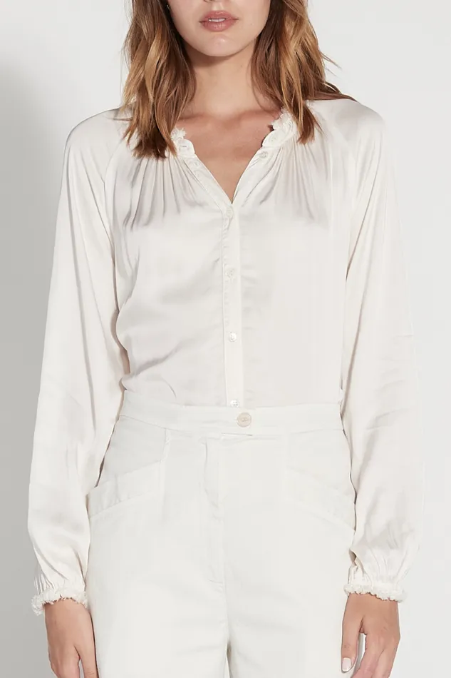 Raquel Allegra Tops Women Dirty White Victorian Ruffle Blouse