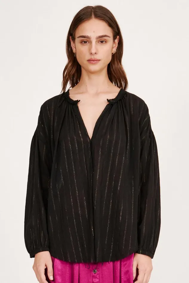 Raquel Allegra Tops Women Gauze Black Poet Blouse