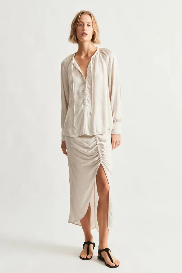 Raquel Allegra Tops Women Pebble Satin Dirty White Poet Blouse