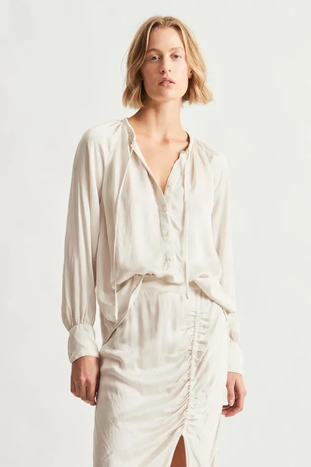 Raquel Allegra Tops Women Pebble Satin Dirty White Poet Blouse