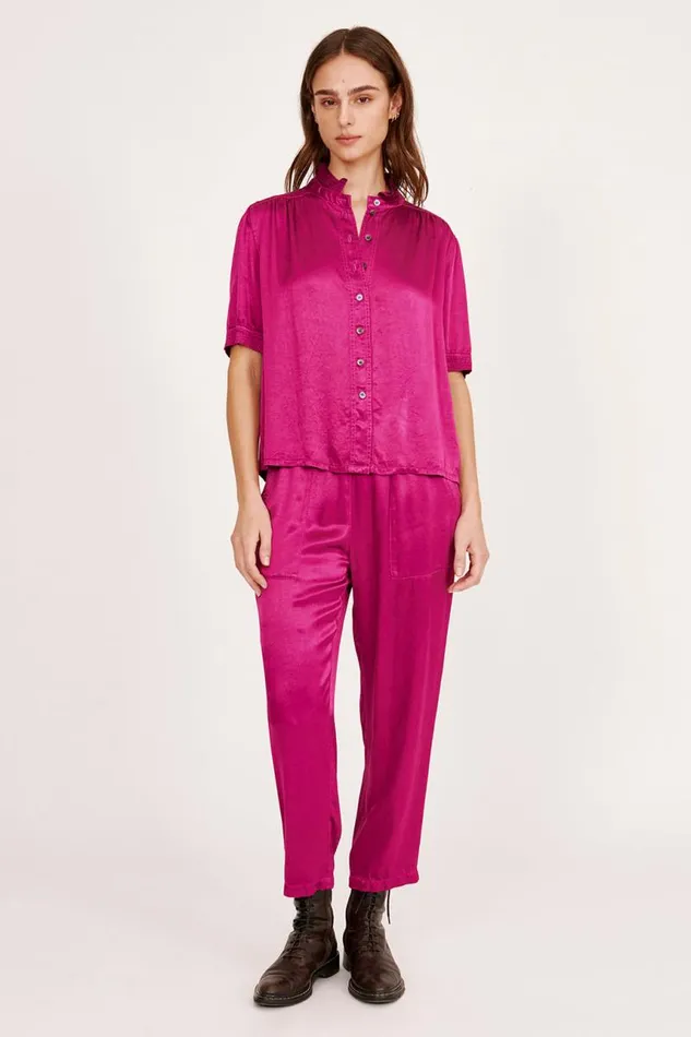 Raquel Allegra Tops Women Pebble Satin Magenta Victory Blouse