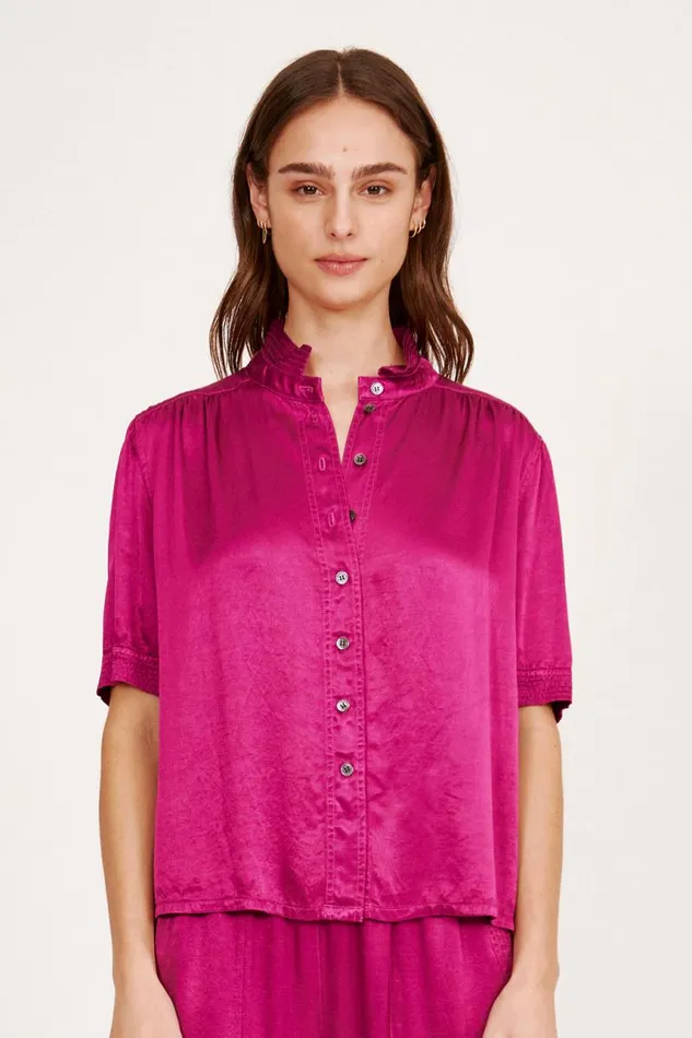 Raquel Allegra Tops Women Pebble Satin Magenta Victory Blouse