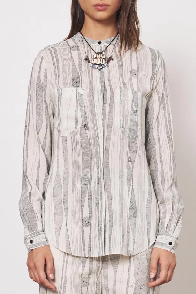 Raquel Allegra Tops Women Silk Dirty White Black Print Togo Top