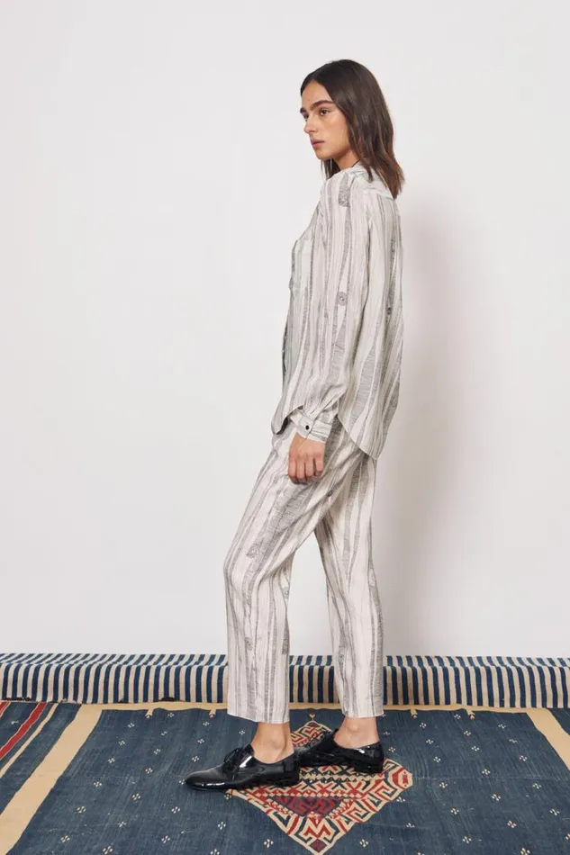 Raquel Allegra Tops Women Silk Dirty White Black Print Togo Top