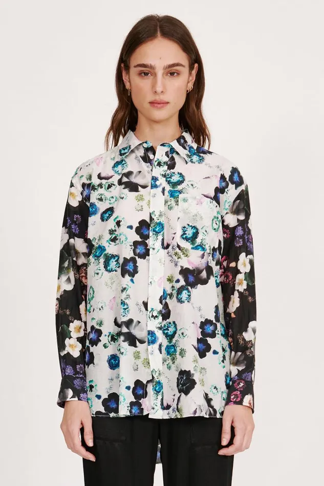 Raquel Allegra Tops Women Silk Voile White Floral Bronson Shirt