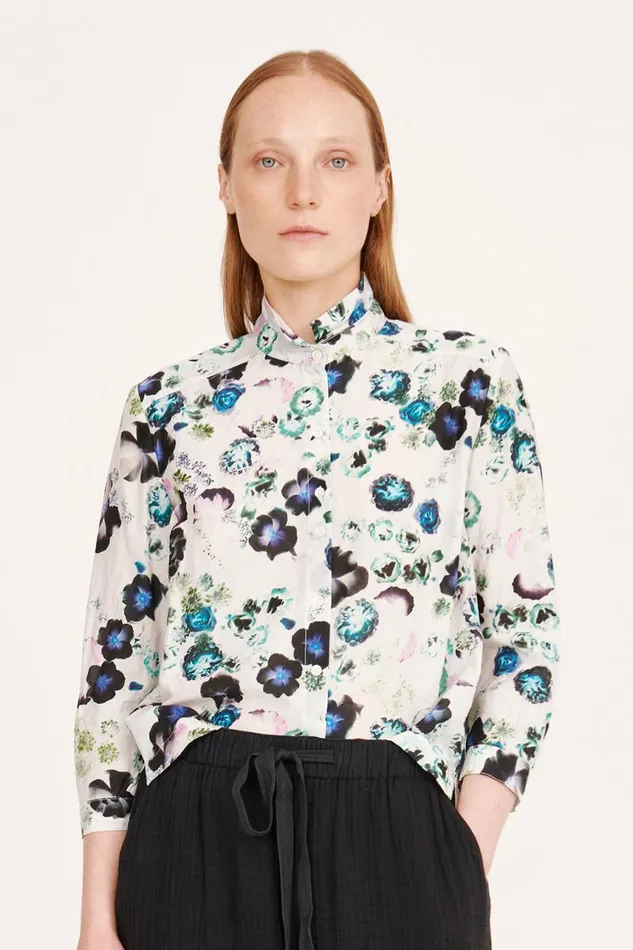 Raquel Allegra Tops Women Silk Voile White Floral Rodeo Blouse