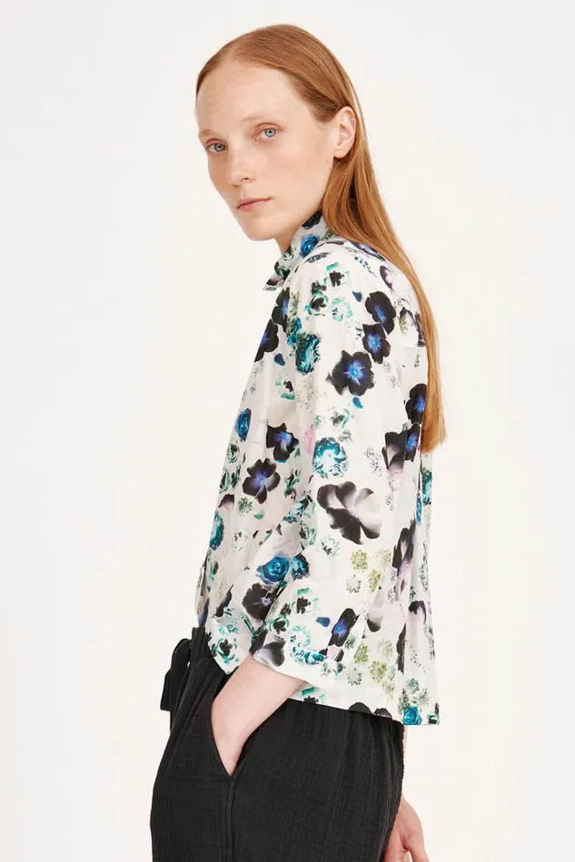 Raquel Allegra Tops Women Silk Voile White Floral Rodeo Blouse