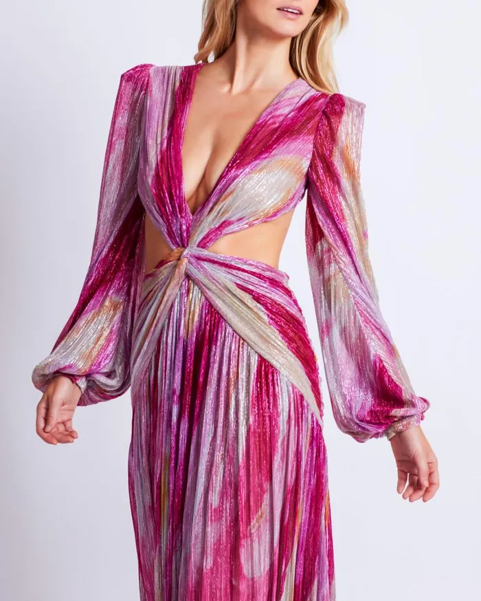 Ready To Wear Aura Metallic Plunge Maxi Dress PatBO Dresses and Jumpsuits