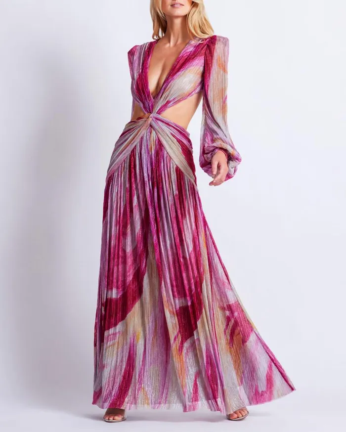 Ready To Wear Aura Metallic Plunge Maxi Dress PatBO Dresses and Jumpsuits