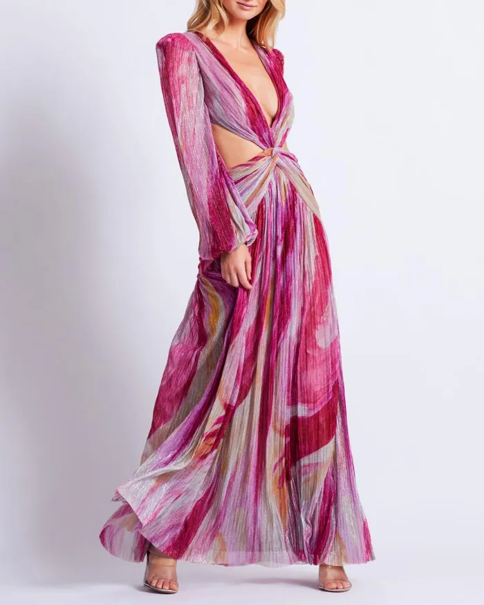 Ready To Wear Aura Metallic Plunge Maxi Dress PatBO Dresses and Jumpsuits