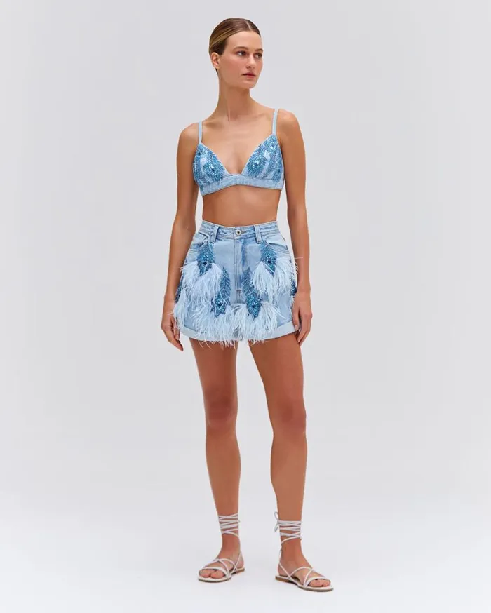 Ready To Wear Beaded Feather Denim Shorts EXCLUSIVE PatBO Bottoms