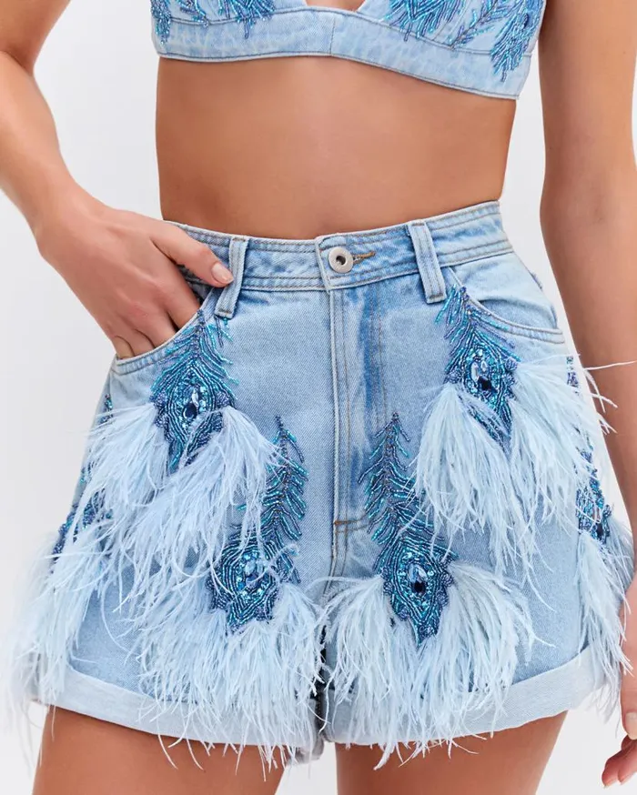 Ready To Wear Beaded Feather Denim Shorts EXCLUSIVE PatBO Bottoms