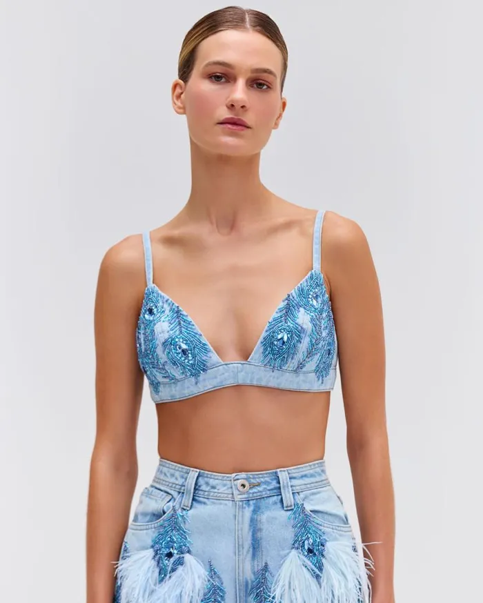 Ready To Wear Beaded Feather Denim Shorts EXCLUSIVE PatBO Bottoms